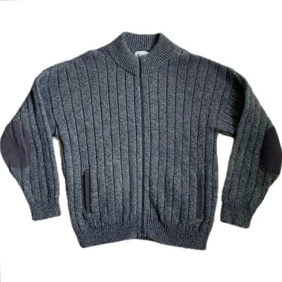 VTG Wool Chunky Knit Zip Cardigan Sweater Elbow Patches L Gray Fisherman Grandpa - Picture 1 of 9